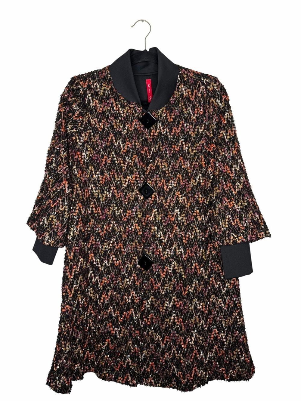 IC CONNIE K / black orange tweed textured zig zag lagenlook abstract jacket / M